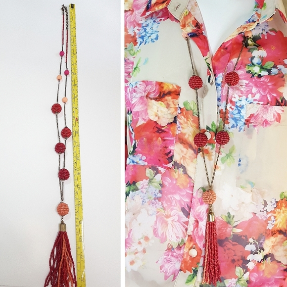 LOT OF X2🍒Roses Blue Striped Top| Vintage Beaded Tassel Long Necklace - Picture 5 of 14